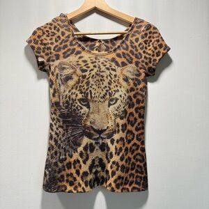 Vintage Y2K Scotty Leopard Print Big‎ Cat Gauzy Short Sleeve Sweater Top Size S